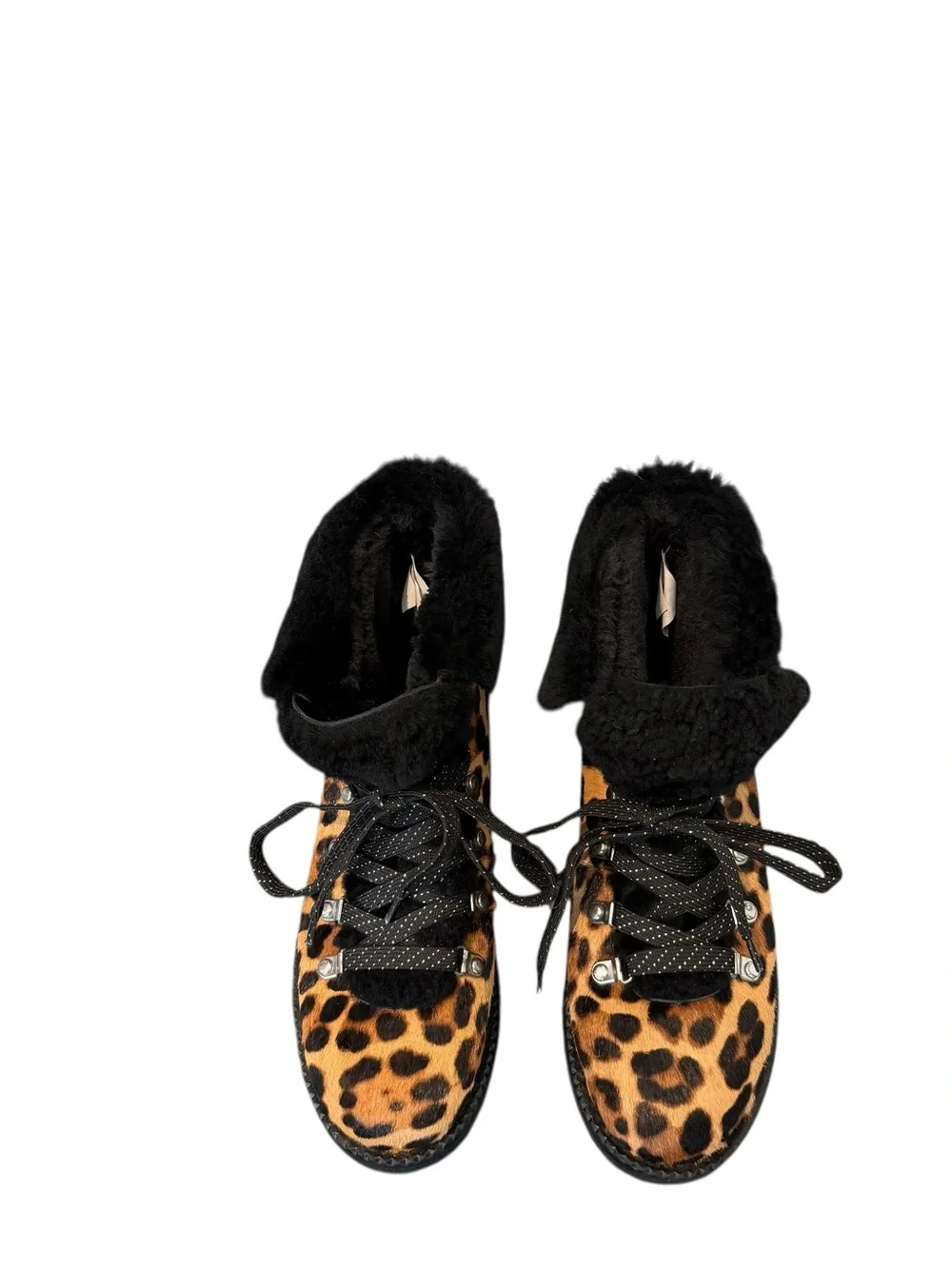 J. Crew Nordic Boots In Leopard Calf Fur Cuff Hiking Ankle Boots